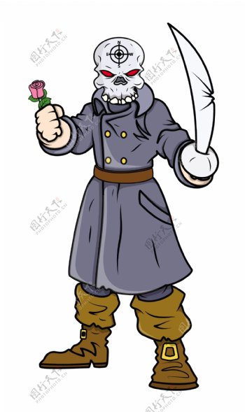 用剑海盗船长和玫瑰卡通插画矢量