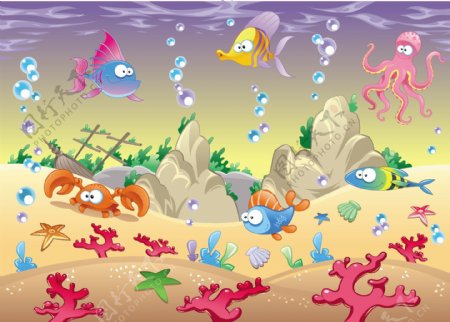 海洋生命的水下卡通海洋场景