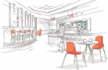 手绘线条咖啡厅室内图片