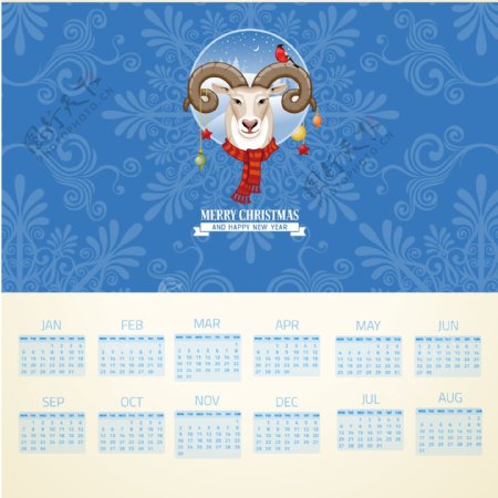 卡通2015绵羊头圣诞节日历矢量
