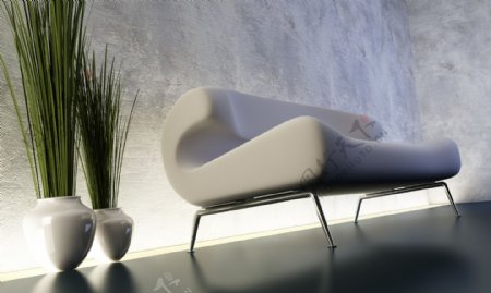 3D沙发与植物摆设室内设计效果图