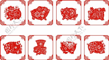 中国传统猪剪纸矢量图