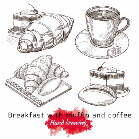 手绘早餐松饼和咖啡矢量