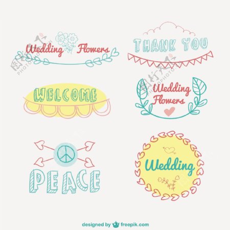6款彩色手绘婚礼标签矢量素材