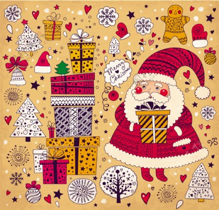 可爱的圣诞老人和圣诞饰品屑向量01
