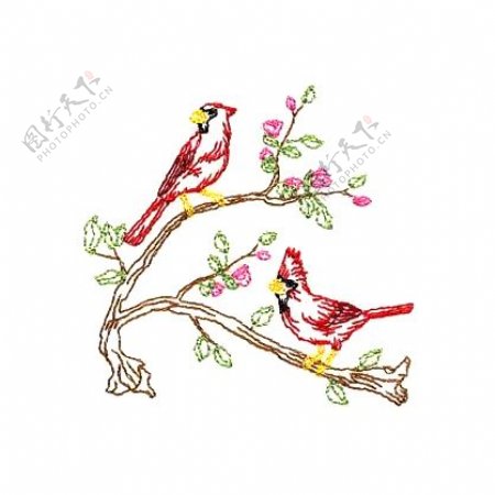 绣花植物花朵动物鸟类免费素材