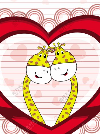 对心脏的形状背景爱长颈鹿夫妇矢量插画