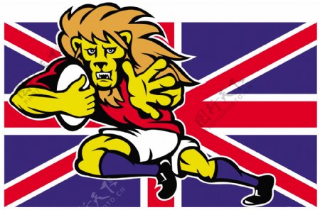 卡通的英国狮子橄榄球抵御GB旗