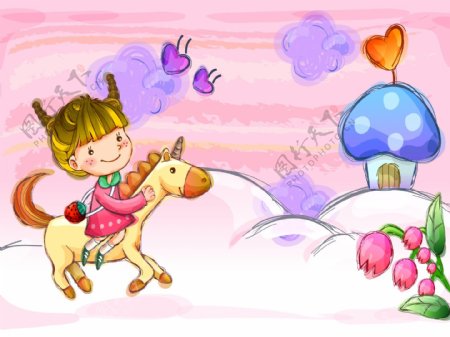 童年卡通插画骑马的小女孩