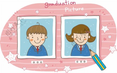 卡通男孩与女孩毕业照片矢量素材