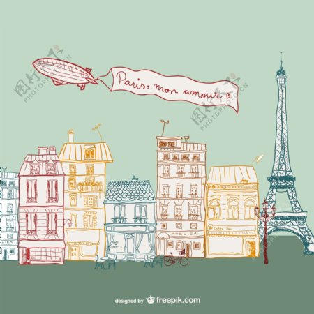 彩绘巴黎街道风景矢量素材图片