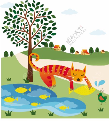 池塘边捉鱼的猫矢量素材.