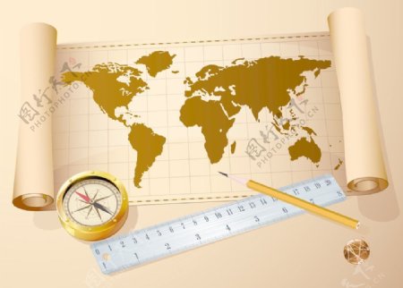 老式地图黄金罗盘钢尺和铅笔矢量旅行和发现的摘要