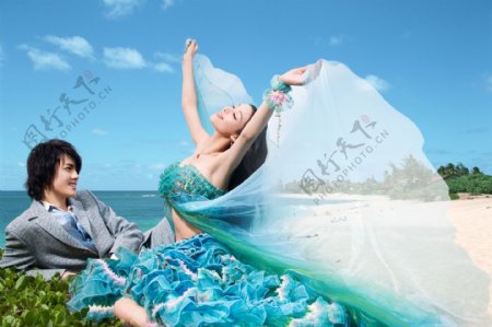 浪漫海滩淡蓝风格婚纱模板