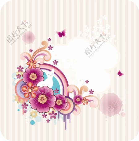 蝴蝶花纹圆环和美丽花朵插画