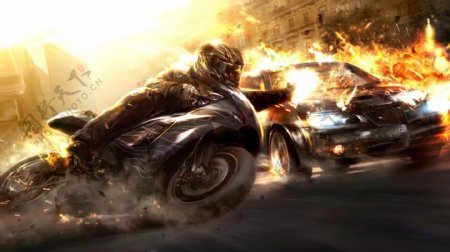 摩托轿车火焰狂飚高清图片下载