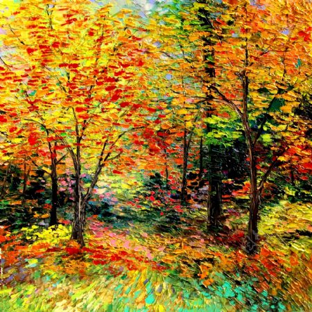油画秋天的树林图片