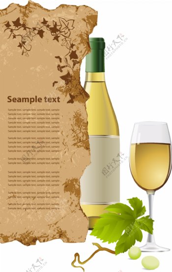 白葡萄酒酒瓶与酒杯矢量素材