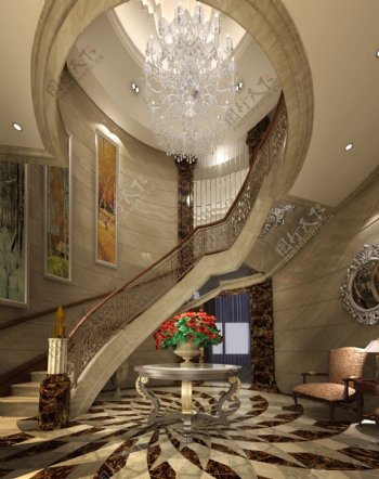 某欧式风格别墅园厅旋梯室内设计效果图图片