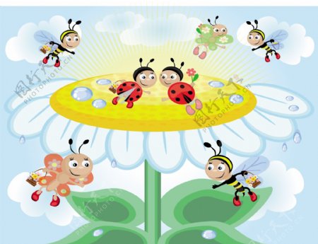 精美卡通蜜蜂采蜜矢量