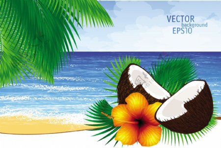 与潮汐棕榈天堂岛背景矢量叶子椰子鸡尾酒和热带花卉
