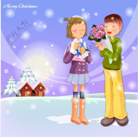 矢量卡通人物男女情侣浪漫雪景冬天圣诞节快乐幸福树木房子雪人路灯可爱情人用餐开心城市剪影矢量素材