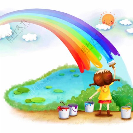 儿童卡通插画模板画彩虹的女孩