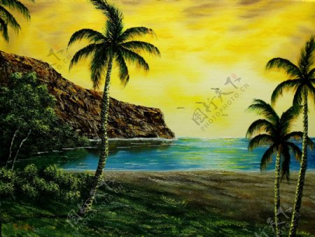 油画海岸椰树图片