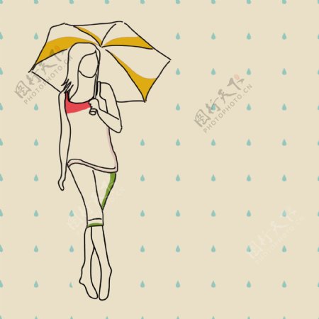 摘要背景与雨季的女孩拿着伞的草图