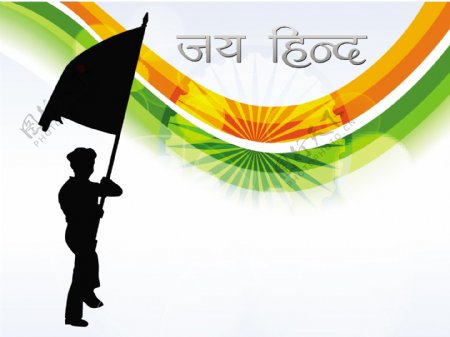 摘要印度国旗波背景与士兵和旗silthoutte