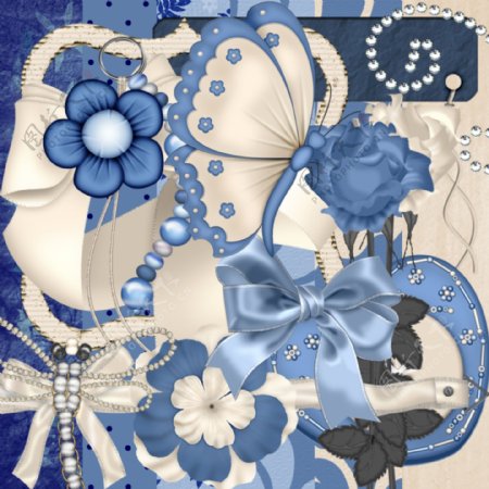 花朵缎带蝴蝶结蓝白图片