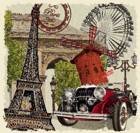 复古法国元素海报矢量素材图片