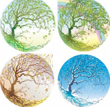 水晶球里的四季树矢量素材