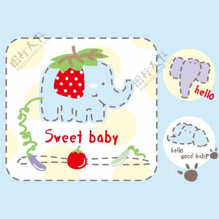 印花矢量图可爱卡通卡通动物小象草莓免费素材