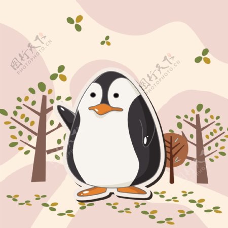 印花矢量图可爱卡通卡通动物企鹅大树免费素材