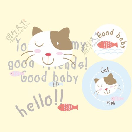 印花矢量图可爱卡通卡通动物猫鱼免费素材