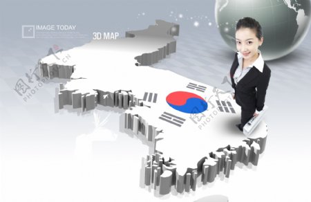 站在立体韩国地图上的商务女士