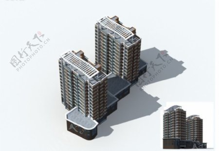 现代流水檐高层建筑群楼3D模型图