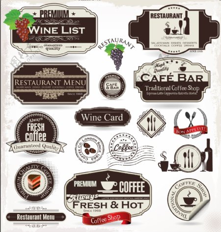 餐厅与咖啡馆矢量标签设计