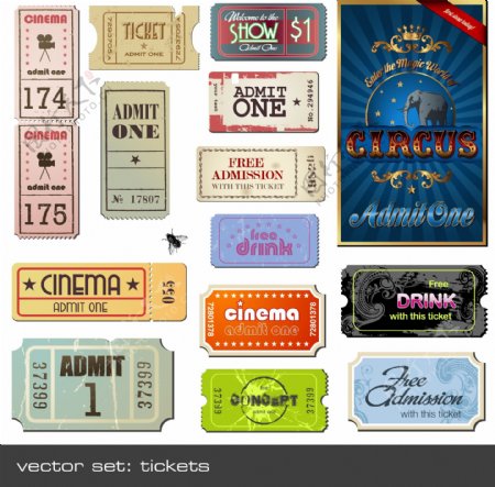 老式的电影票的标签向量集