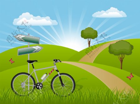 蓝天白云草地自行车春天背景图片