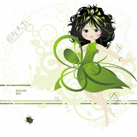 女孩与绿色花纹