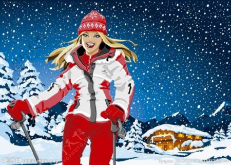 卡通雪天滑雪女孩图片