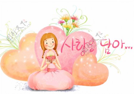 韩国手绘风清新少女捧着爱心图片