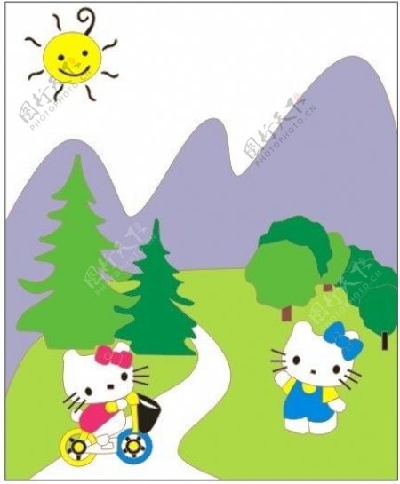 阳光旅行小猫太阳山草地卡通图片