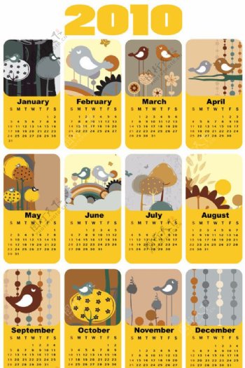 小鸟主题2010年日历模板图片