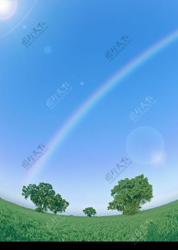 草地蓝天白云彩虹阳光图片