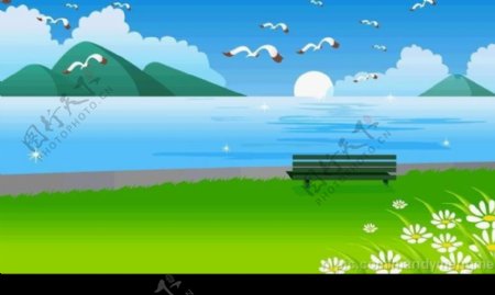 海边凳子海鸥矢量背景图片