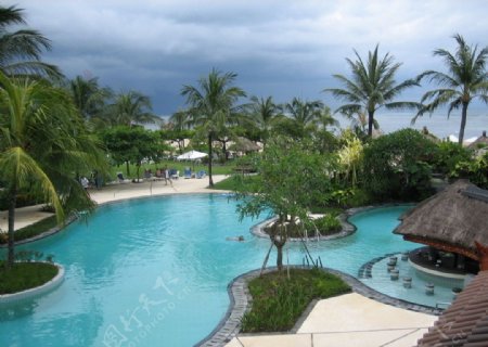 泳池别墅休闲度假蓝清澈东南亚椰树游泳享用休息图片