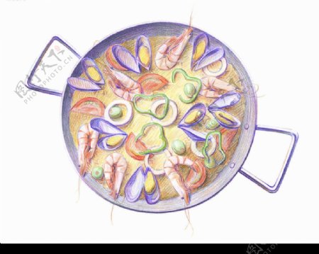 手绘彩色铅笔快餐图海鲜圆锅仔图片